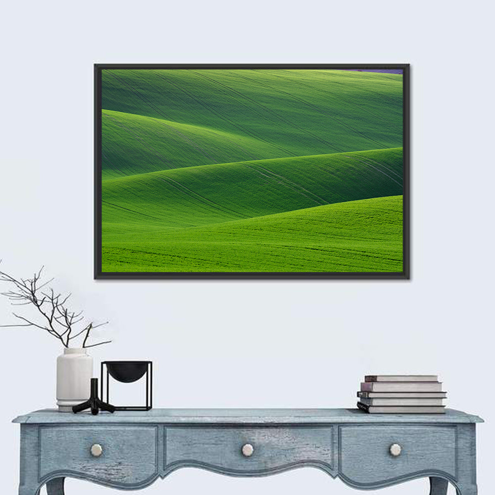 Rolling Emerald Wheat Fields Wall Art in a room, landscape