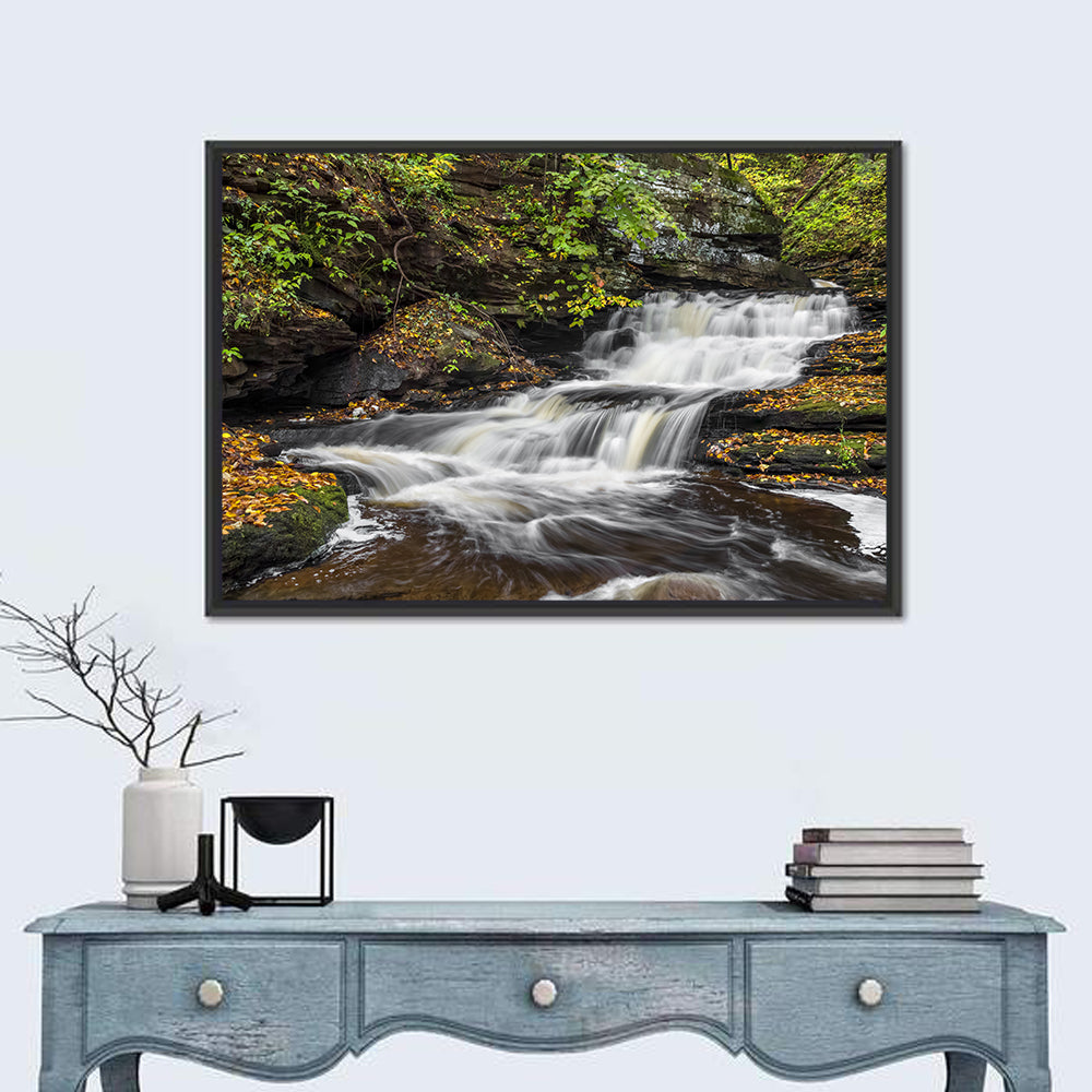Cascading Autumn Waterfall Wall Art in a room, landscape