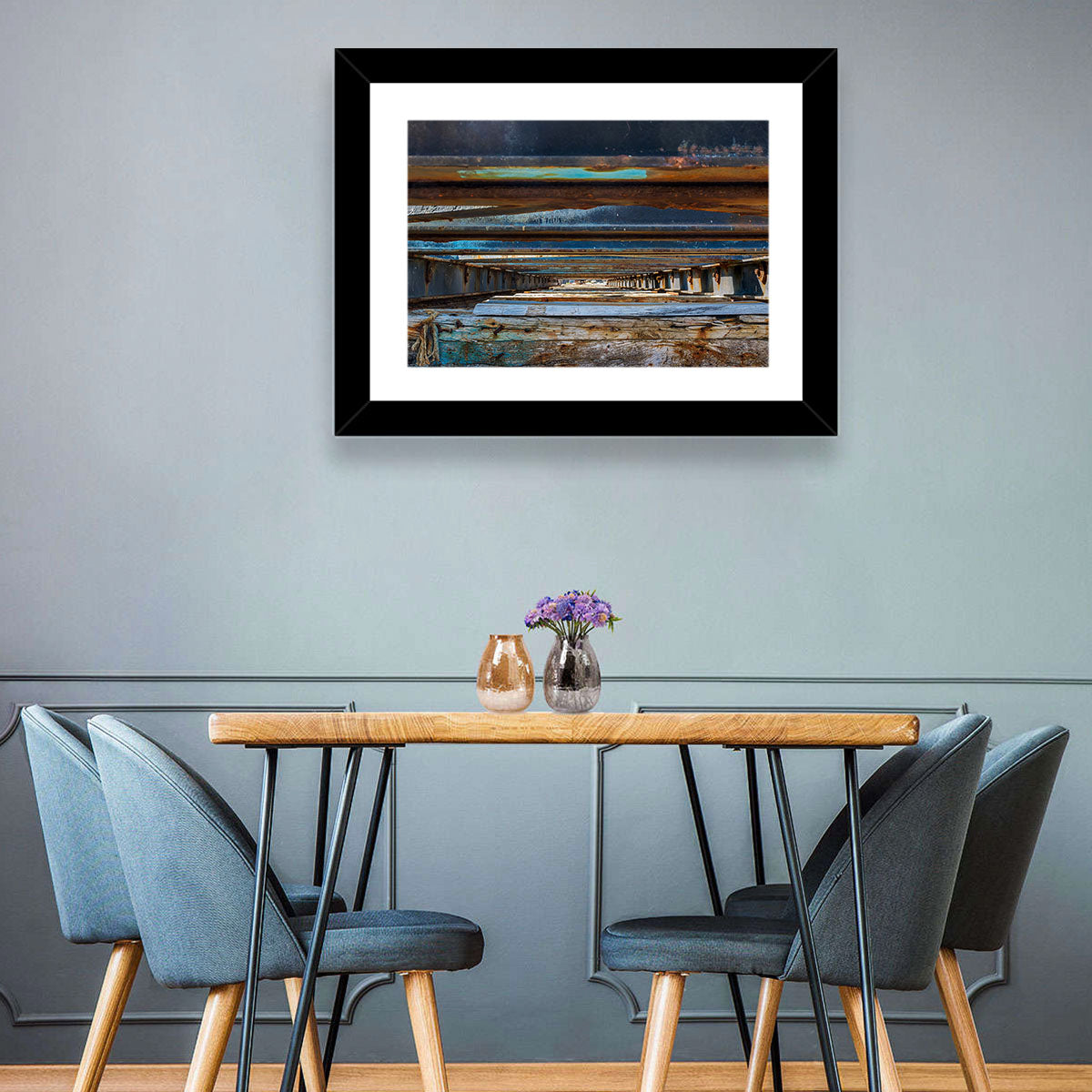 Weathered Dock Perspective Wall Art in a room, landscape