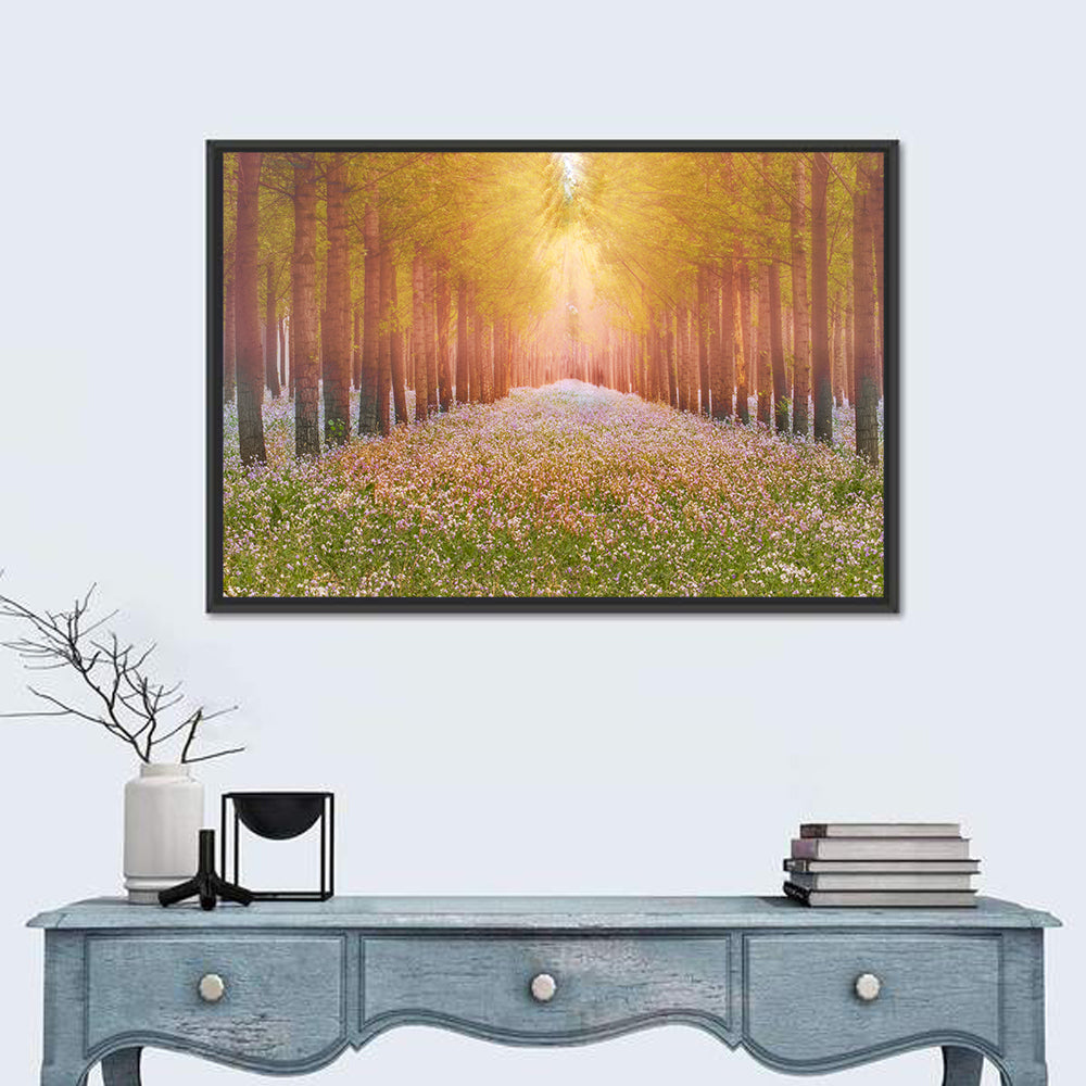 Golden Morning Forest Path Wall Art in a room, landscape