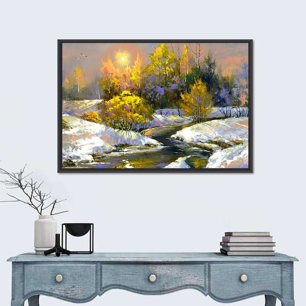Sunlit Winter River Wall Art in a room, landscape