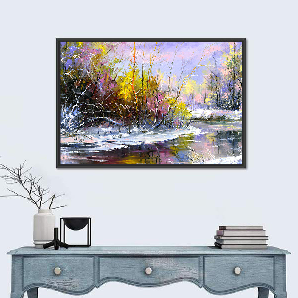 Snowy River with Purple Reflections Wall Art in a room, landscape