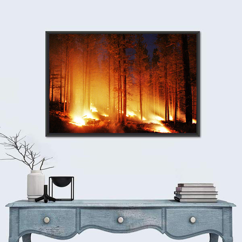 Night Forest Fire Wall Art in a room, landscape