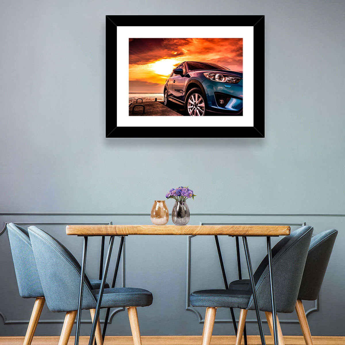 Suv on Pier at Sunset Wall Art in a room, landscape