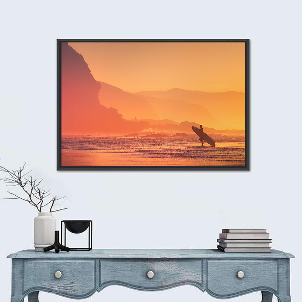 Surfer Silhouette at Golden Sunset Wall Art
