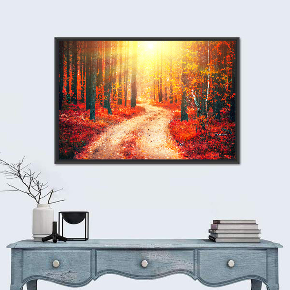 Golden Path Through Autumn Woods Wall Art in a room, landscape