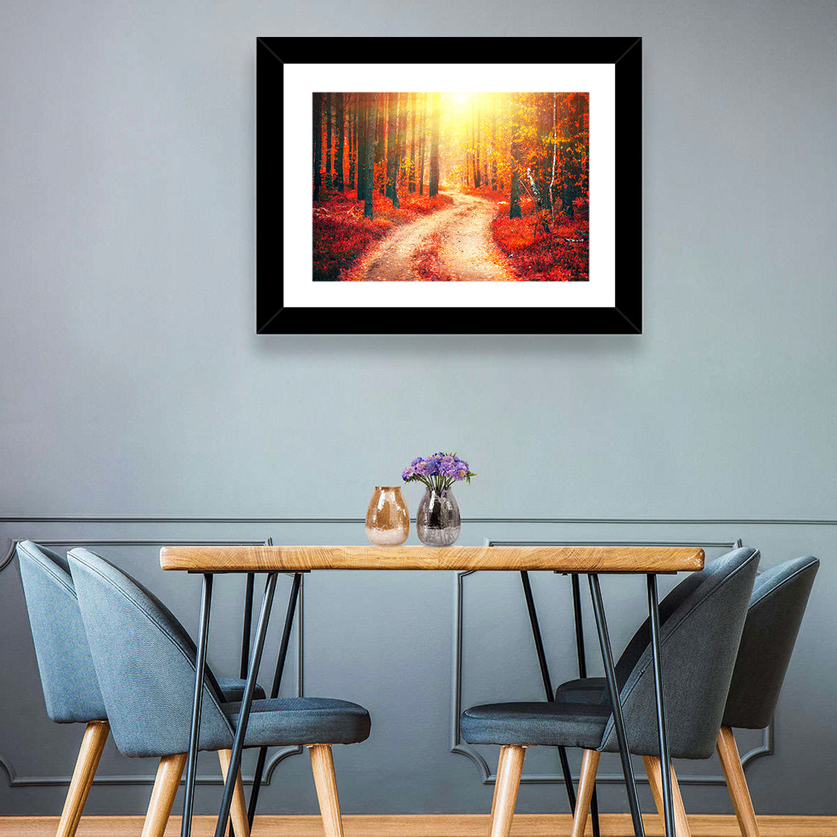 Golden Path Through Autumn Woods Wall Art in a room, landscape
