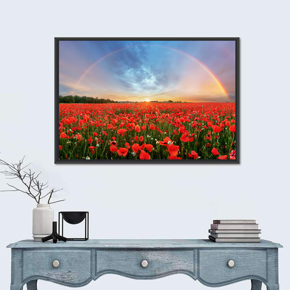 Poppy Field with Double Rainbow Wall Art in a room, landscape