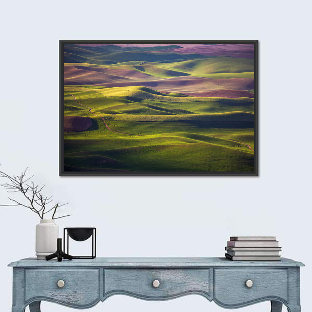 Palouse Farmland at Golden Hour Wall Art in a room, landscape