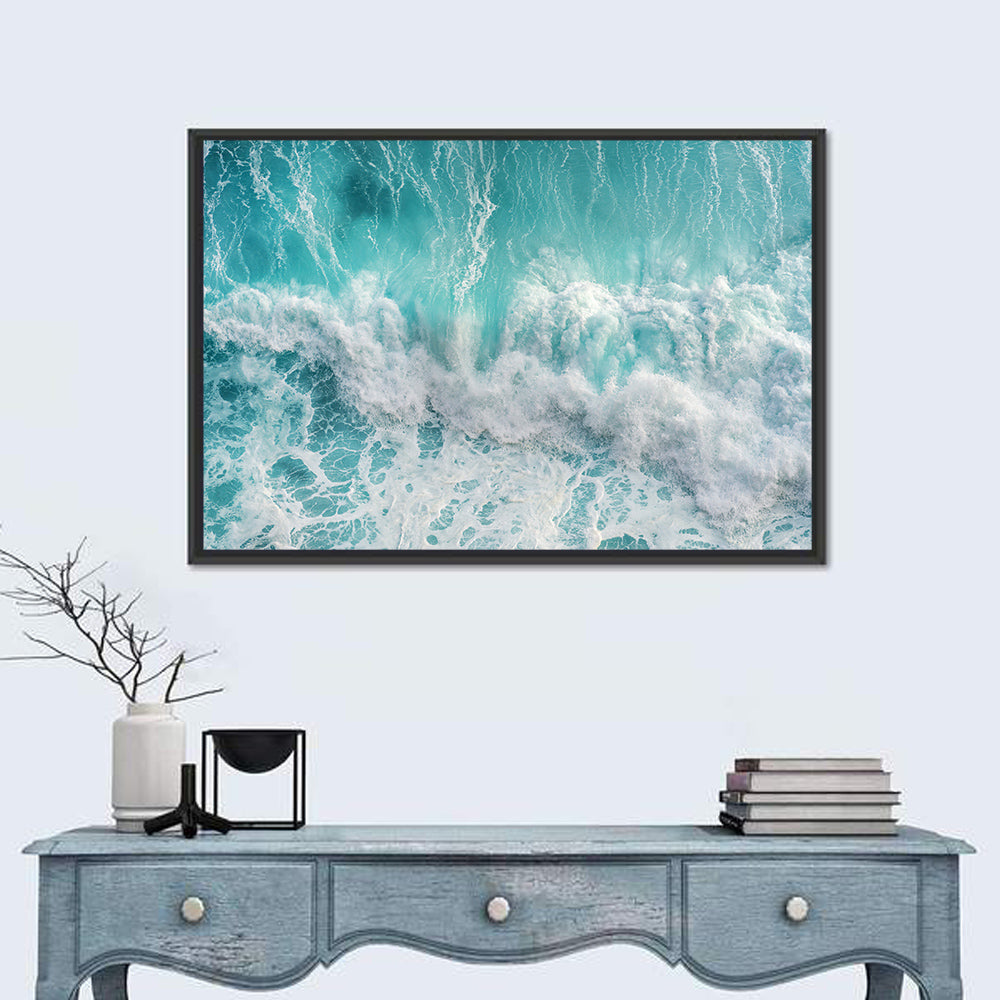 Top Down Turquoise Wave Wall Art in a room, landscape