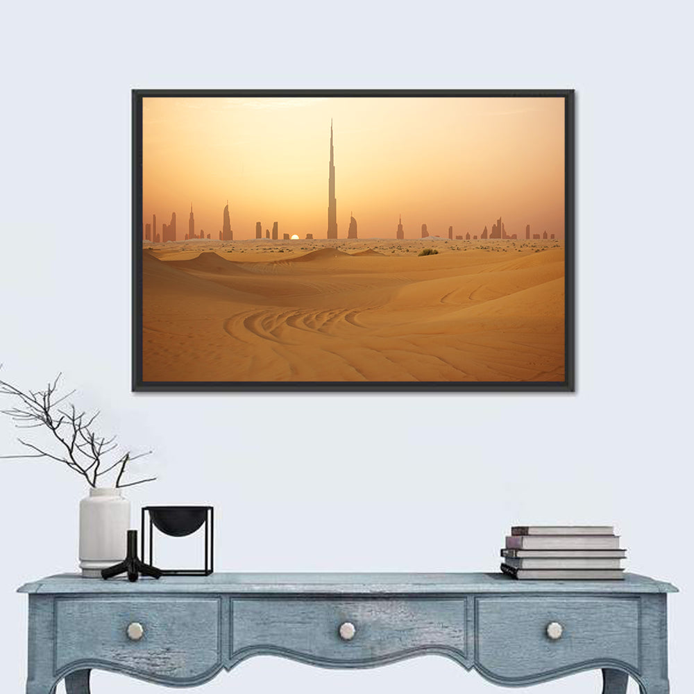 Dubai Skyline at Sunset Wall Art in a room, landscape