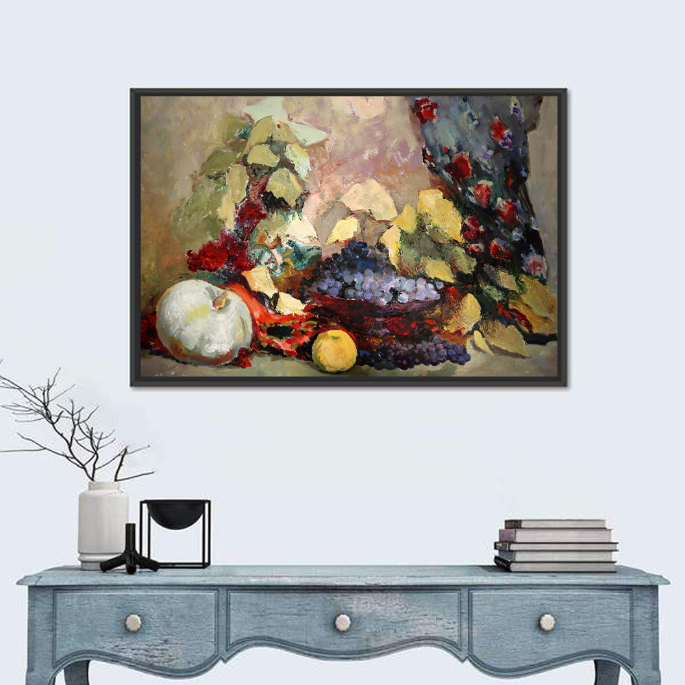 Grapes and Melon Still Life Wall Art in a room, landscape
