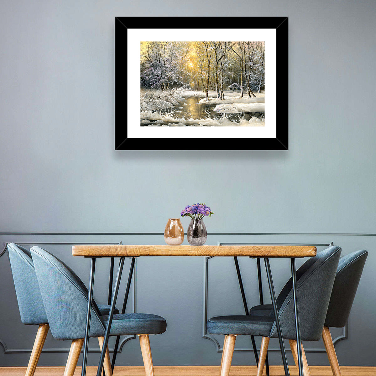 Sunlit Winter Cabin Wall Art in a room, landscape
