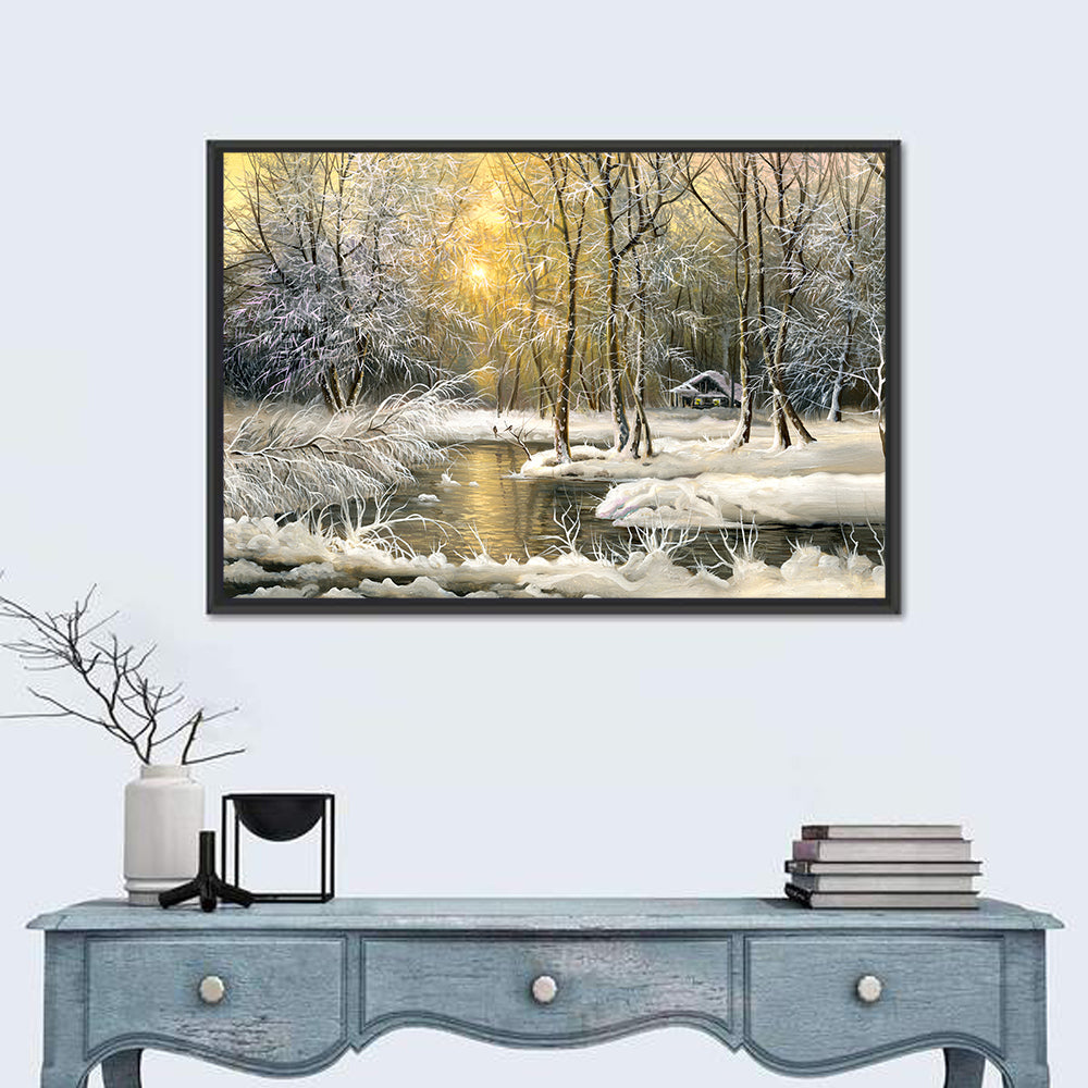 Sunlit Winter Cabin Wall Art in a room, landscape