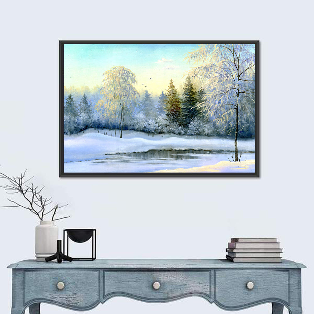 Frozen Lake Reflection Wall Art in a room, landscape