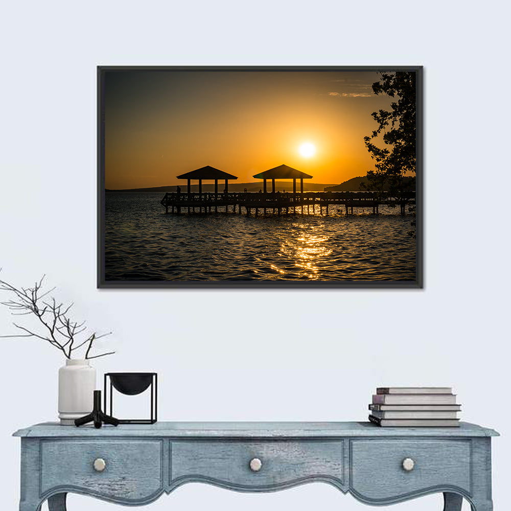 Lake Dardanelle Pier Sunset Wall Art in a room, landscape