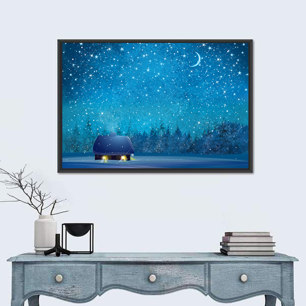 Winter Cottage Under Crescent Moon Wall Art