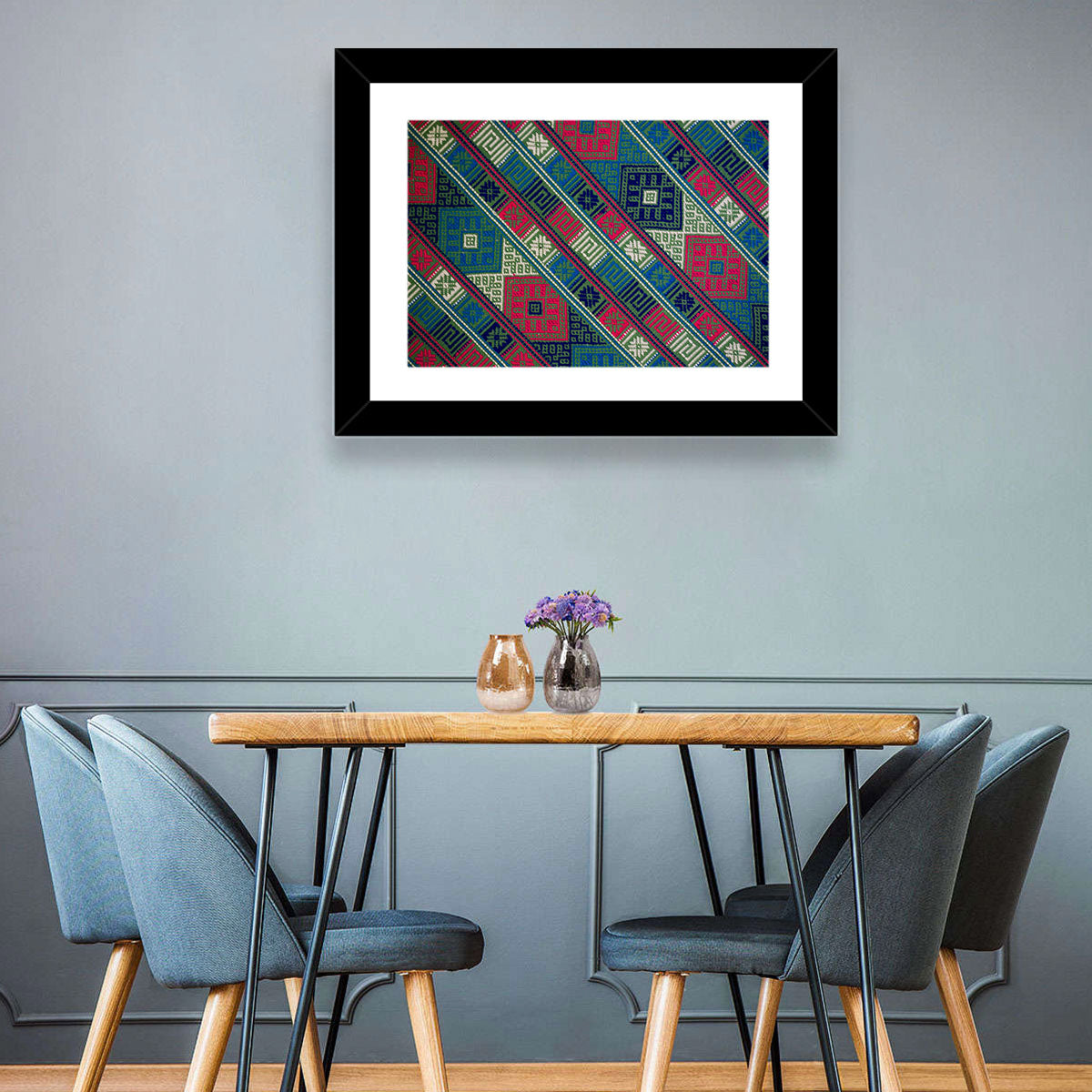 Handwoven Geometric Textile Wall Art in a room, landscape