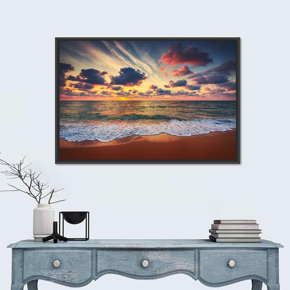 Golden Hour Beach Waves Under Cloudy Sky Wall Art