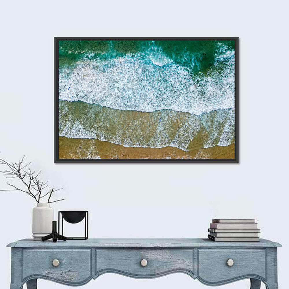 Aerial Teal Beach with Surfers Wall Art in a room, landscape