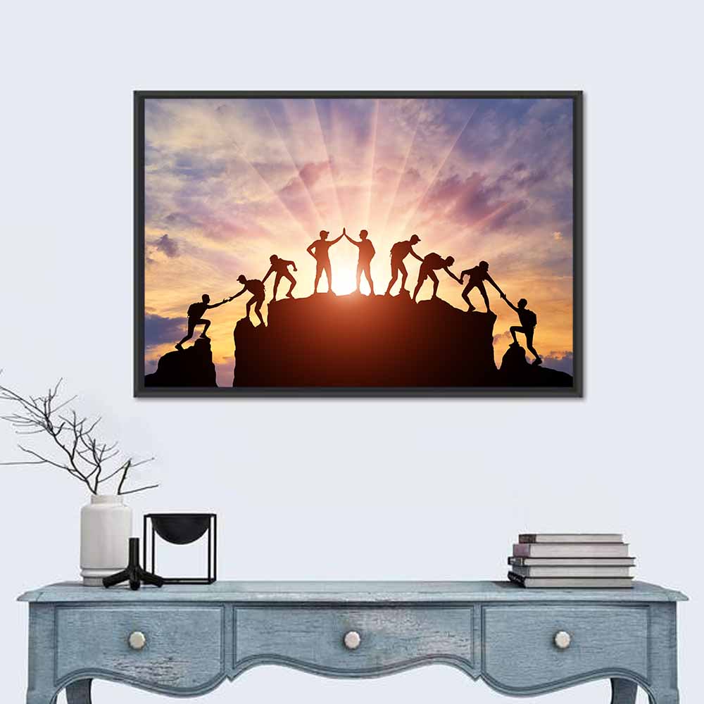 Sunburst Climbers Silhouette Wall Art in a room, landscape