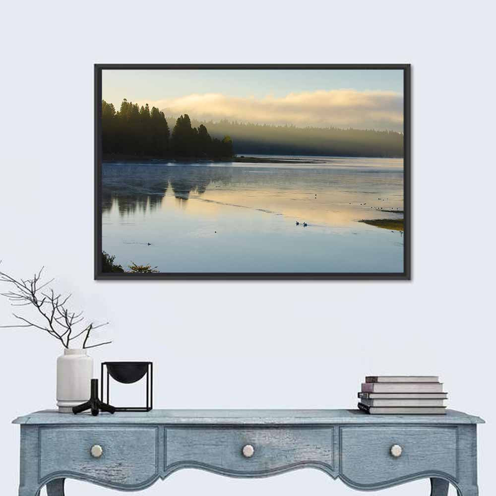 Misty Sunrise at Lake Almanor Wall Art in a room, landscape