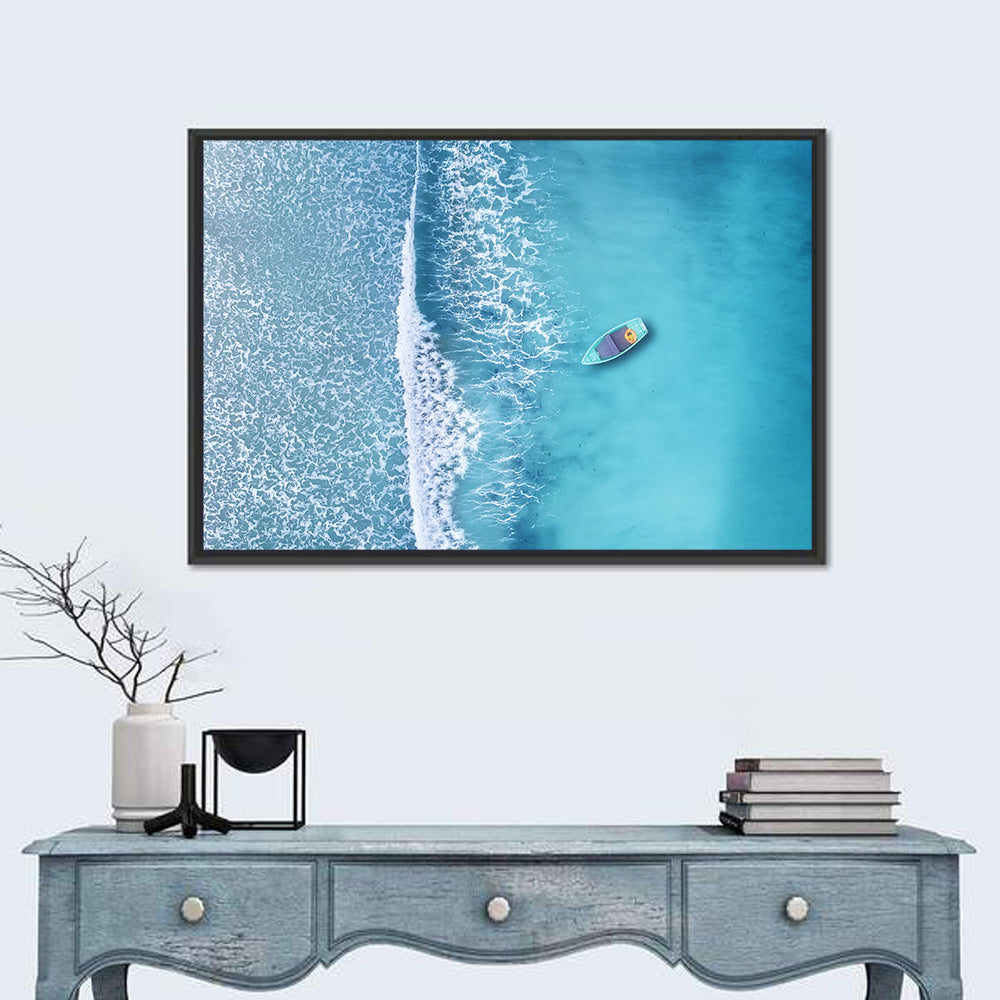 Lone Boat Over Turquoise Waves Wall Art in a room, landscape