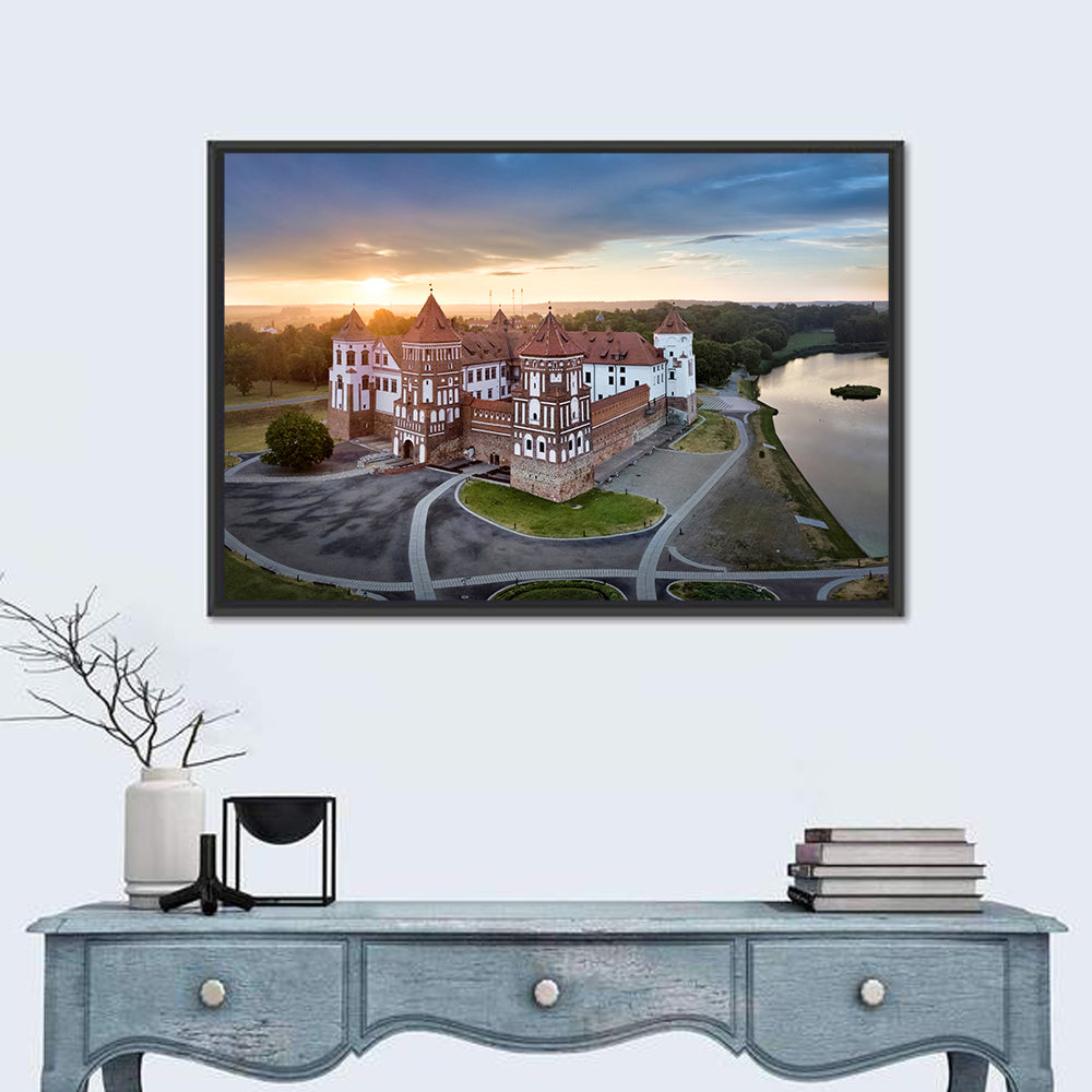 Mir Castle Sunrise Over Lake Wall Art in a room, landscape