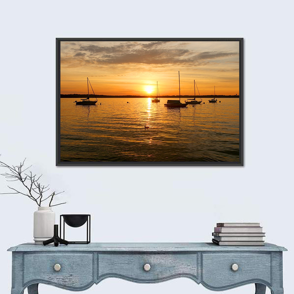 Lake Mendota Golden Sailboats Wall Art in a room, landscape