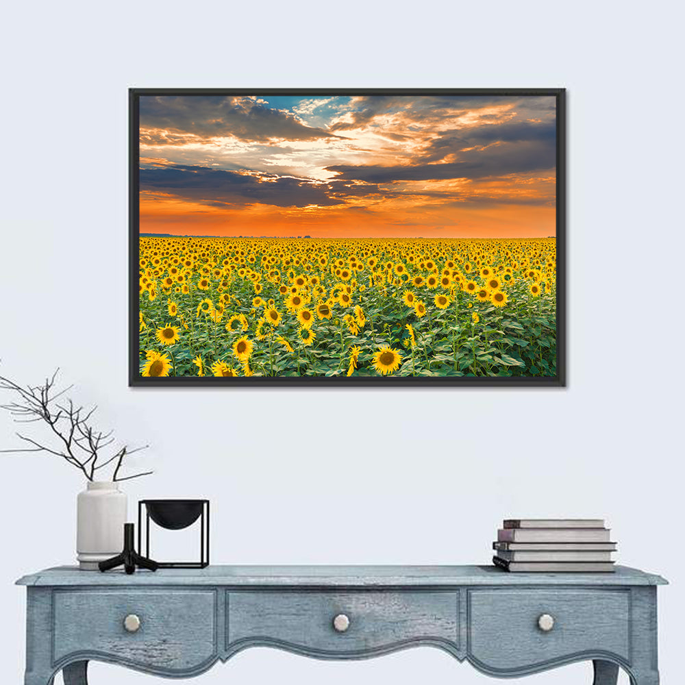 Golden Hour Sunflower Field Wall Art in a room, landscape