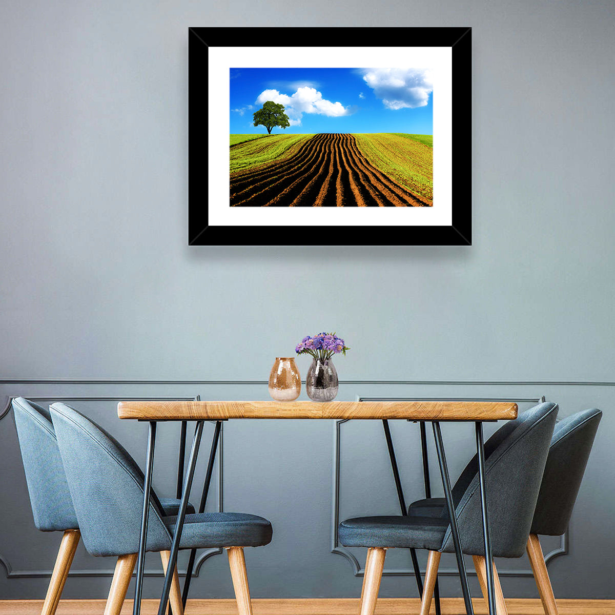 Plowed Field with Lone Tree Wall Art in a room, landscape