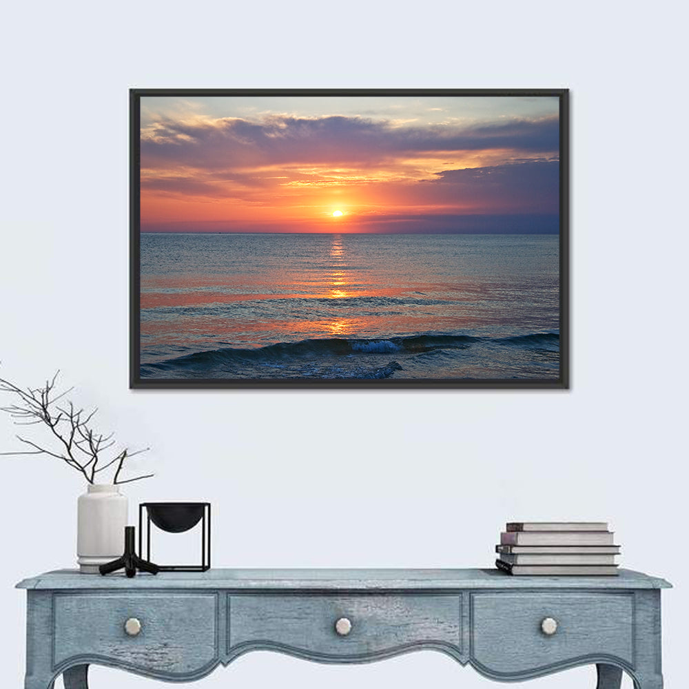Lake Michigan Sunset Reflection Wall Art in a room, landscape