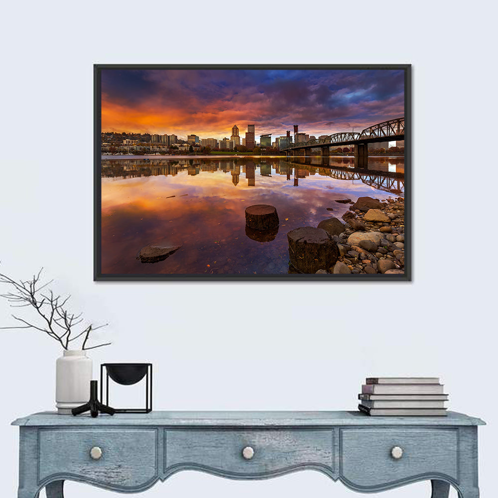 Portland Skyline at Sunset Wall Art in a room, landscape