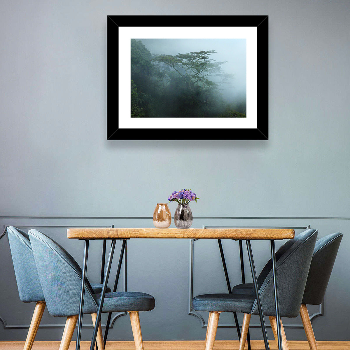 Misty Rainforest Canopy Wall Art in a room, landscape