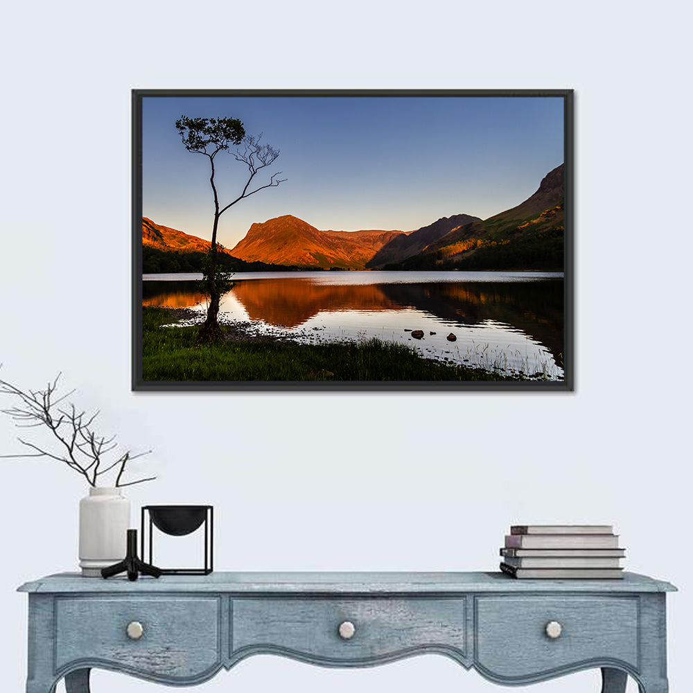 Buttermere Lone Tree Reflection Wall Art in a room, landscape