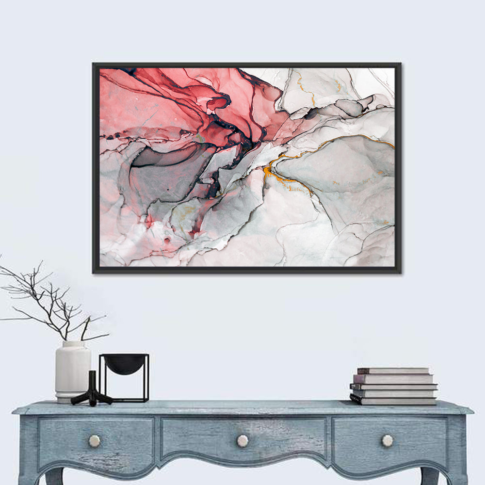 Pink Gray Marble with Gold Veins Wall Art in a room, landscape
