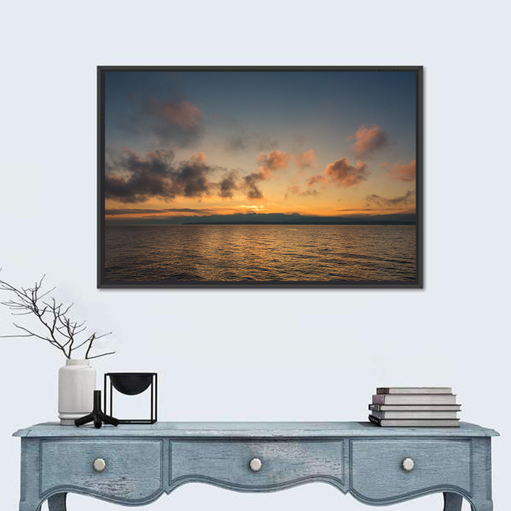 Lake Leman Golden Sunset Wall Art in a room, landscape