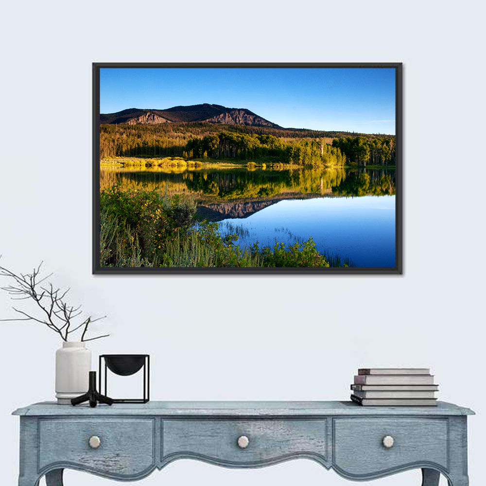 Golden Hour Mountain Lake Wall Art in a room, landscape