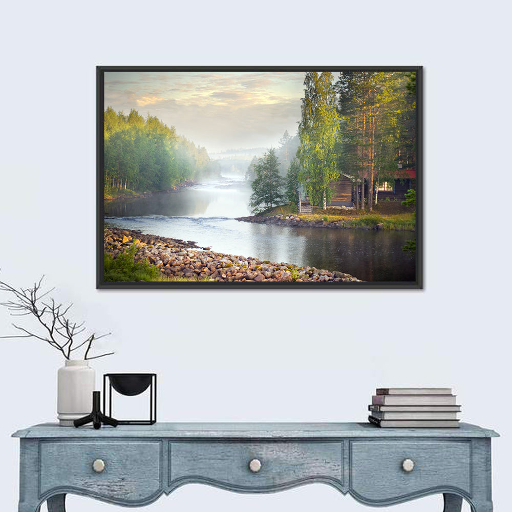 Misty River with Red Roof Cabin Wall Art