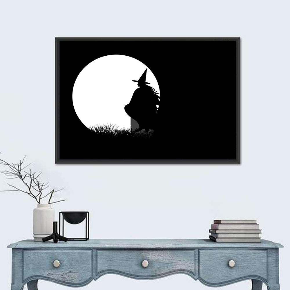 Witch and Moon Silhouette Wall Art in a room, landscape