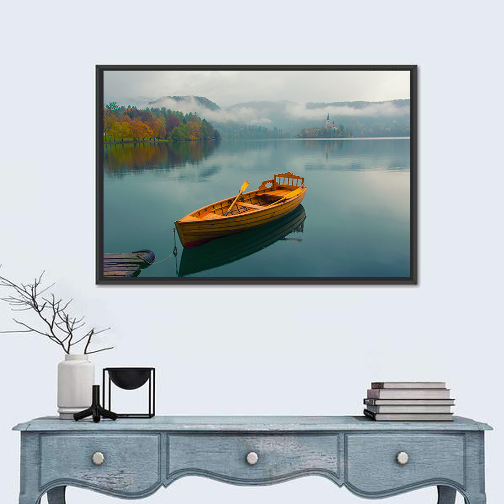 Tethered Boat on Lake Bled Wall Art in a room, landscape