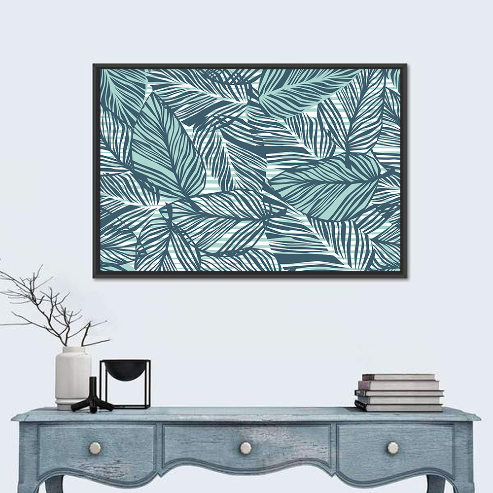 Striped Blue Palm Leaves Pattern Wall Art