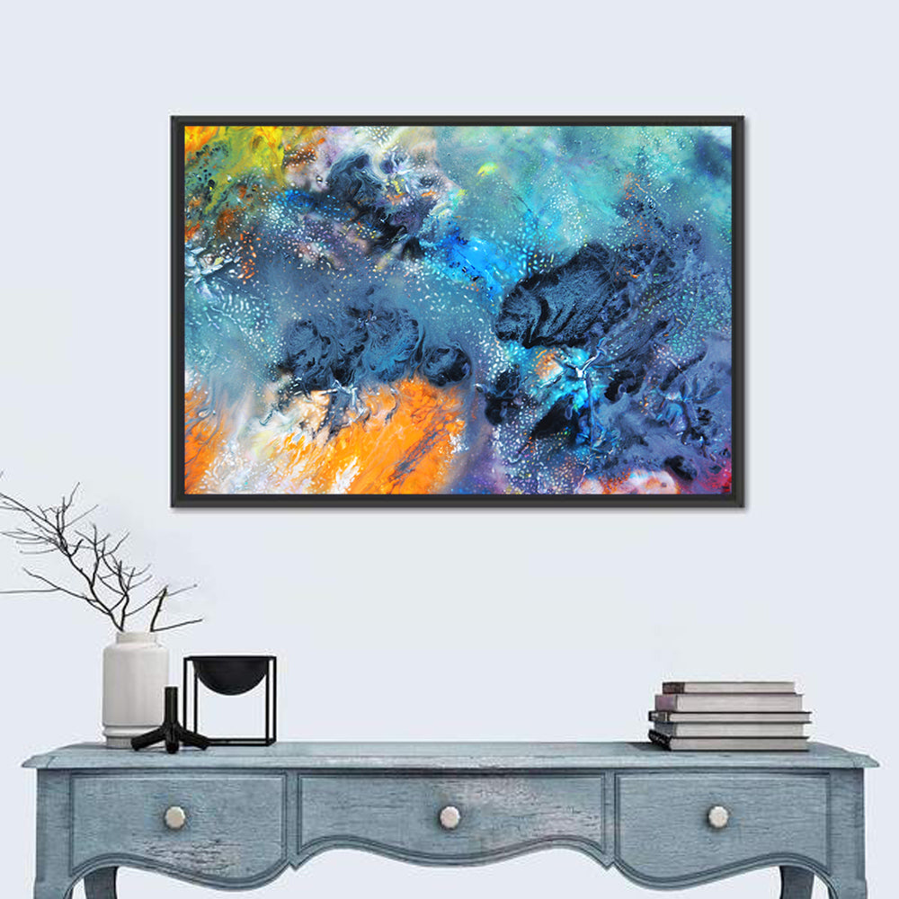Vivid Icy Nebula Abstract Wall Art in a room, landscape