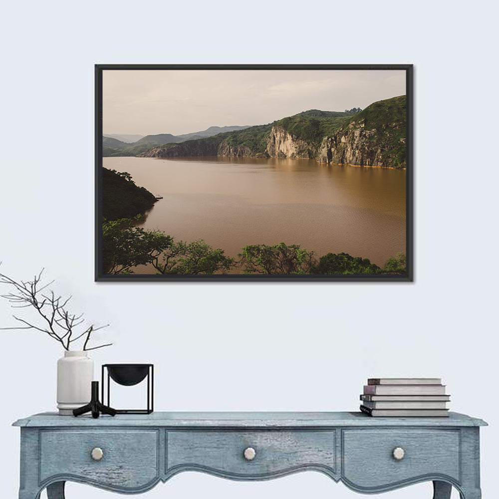 Lake Nyos Cliff View Wall Art in a room, landscape