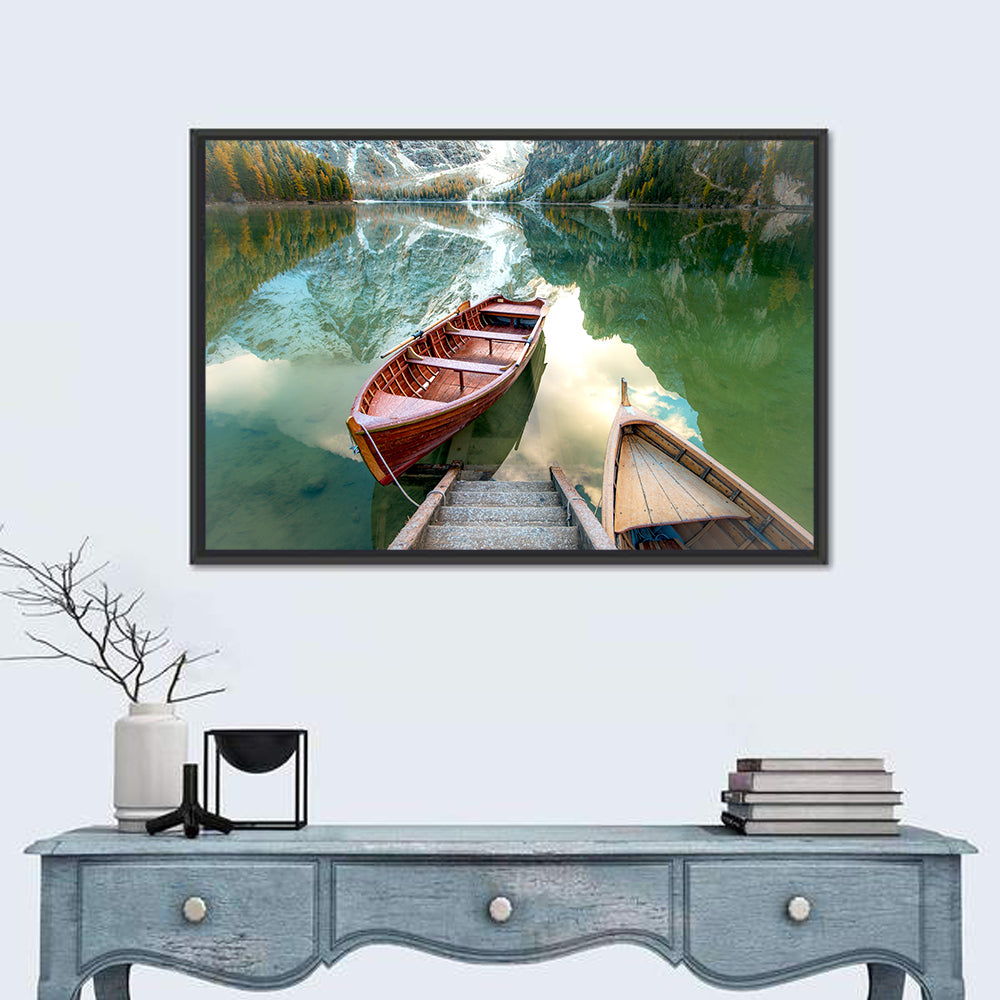 Autumn Lake with Wooden Boats Wall Art in a room, landscape
