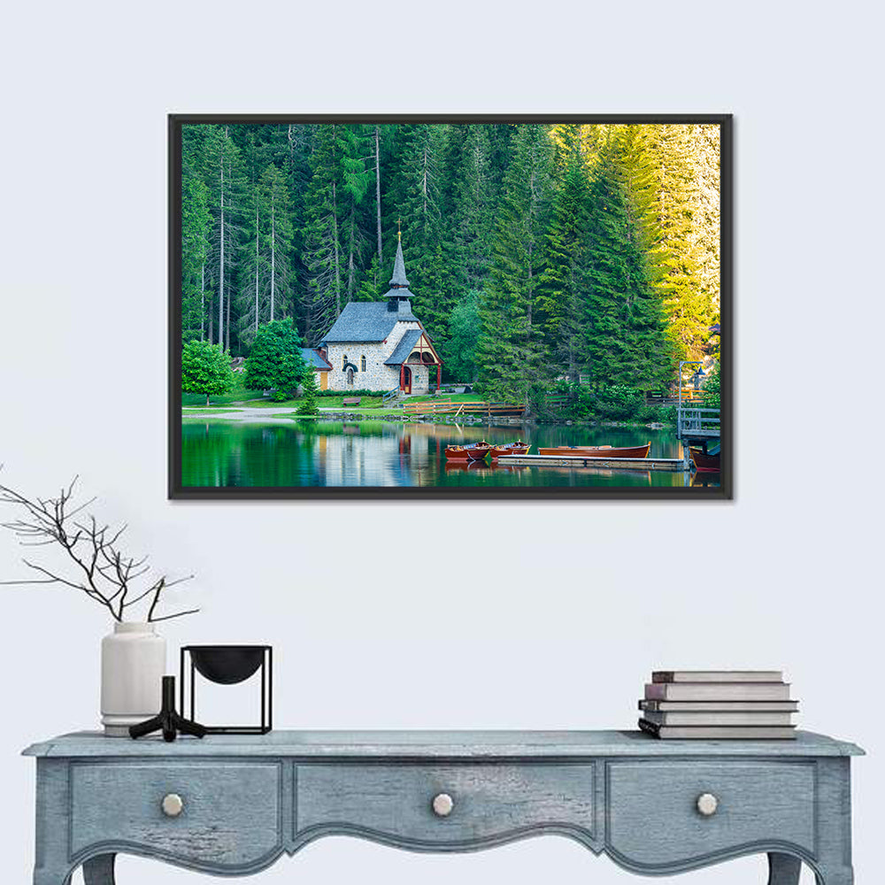 Lago Di Braies Chapel Reflection Wall Art
