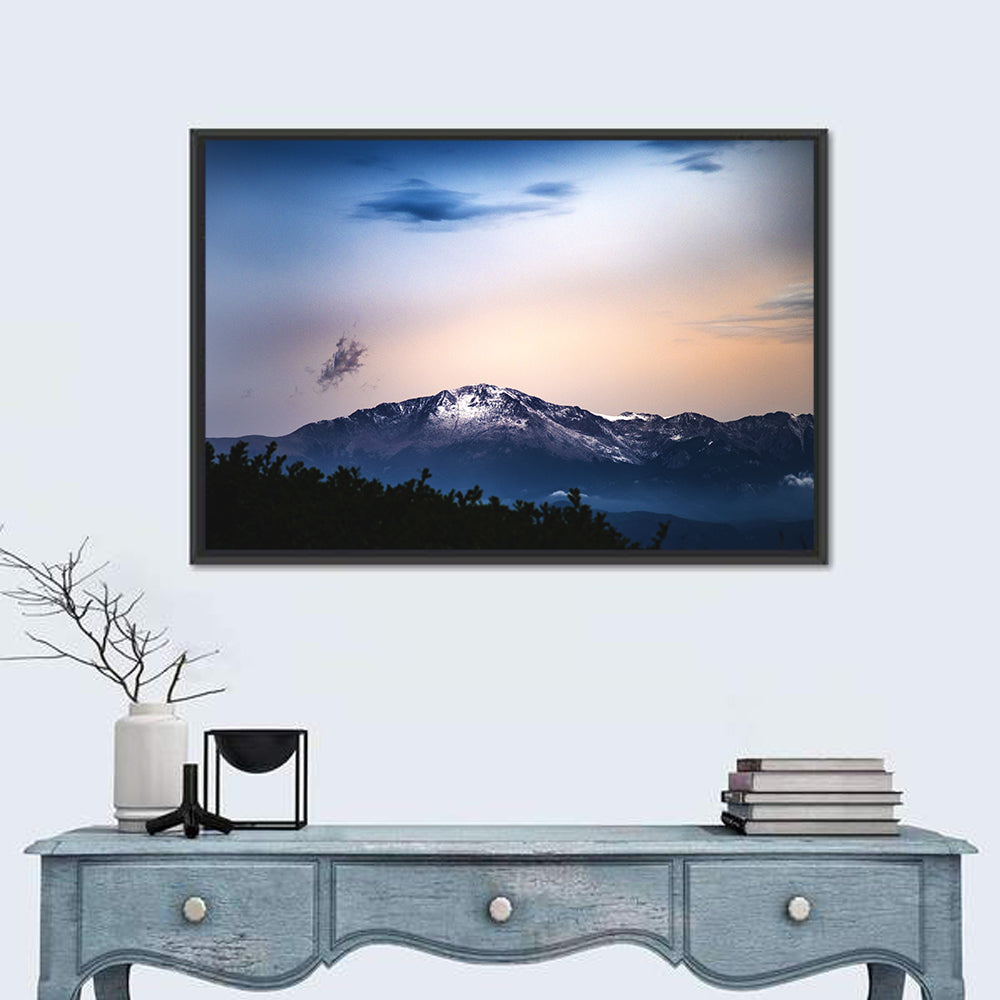 Snow-capped Pikes Peak at Dusk Wall Art in a room, landscape