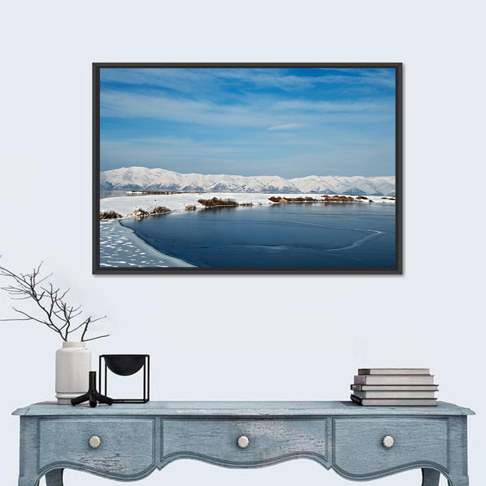 Lake Sevan Winter Landscape Wall Art in a room, landscape