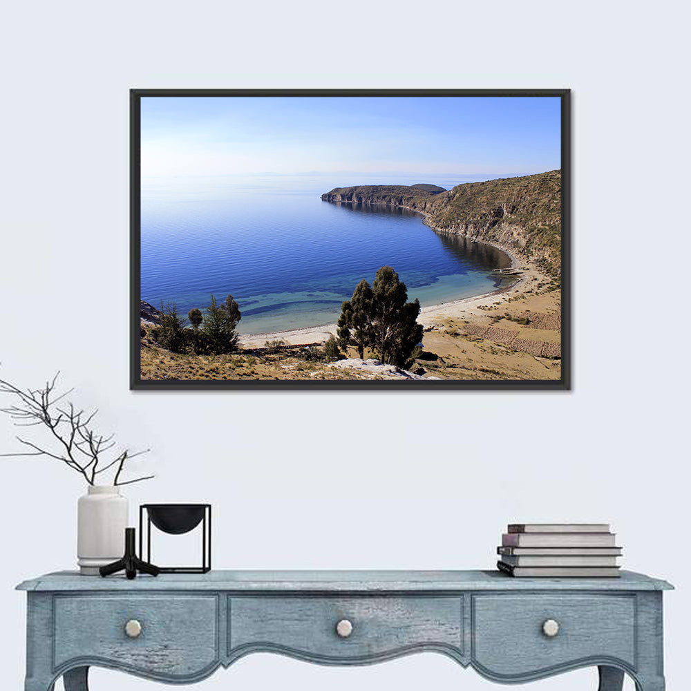 Titicaca Cliffs and Turquoise Water Wall Art in a room, landscape