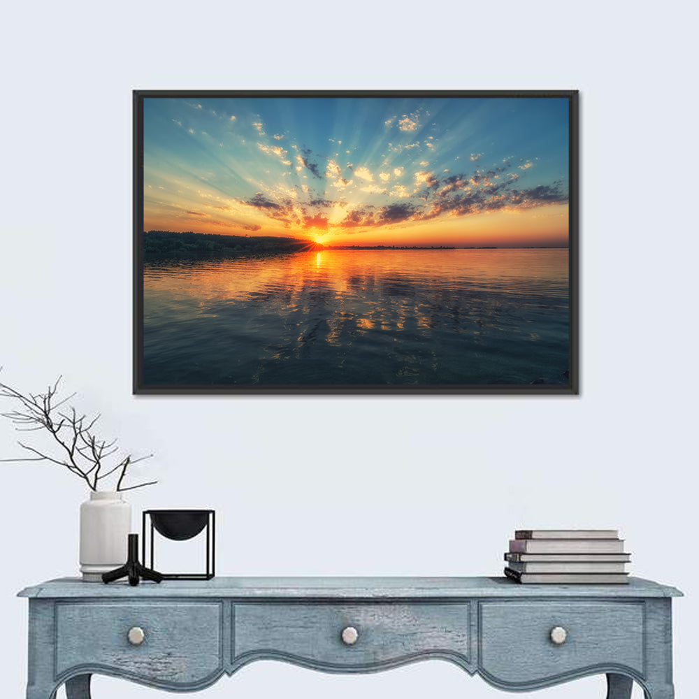 Sunburst Over River Wall Art in a room, landscape